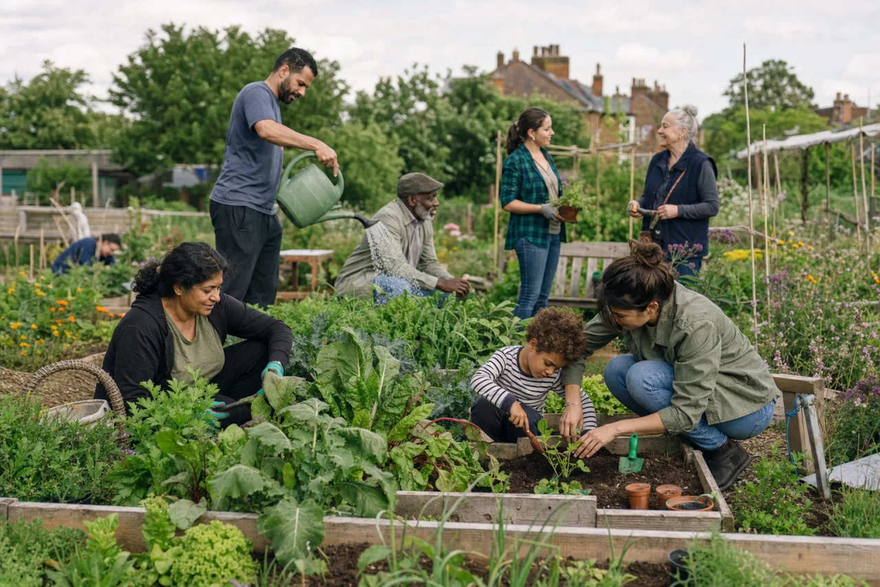 Neighbours tending vegetables together at a community allotment