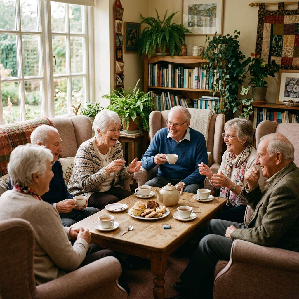 Elderly community members sharing tea and conversation
