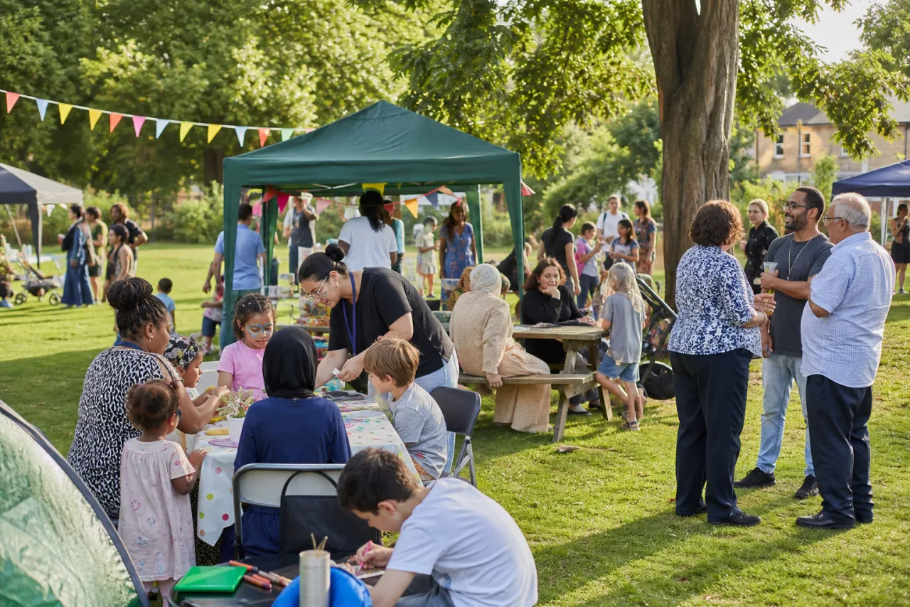 Families and neighbours enjoying a local community fun day