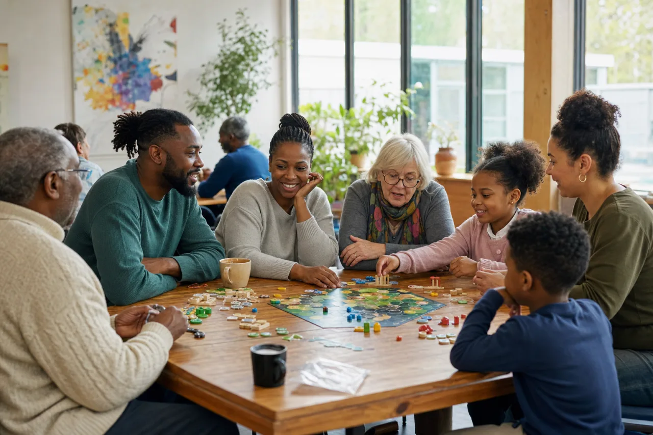 Neighbours of different ages enjoying board games together