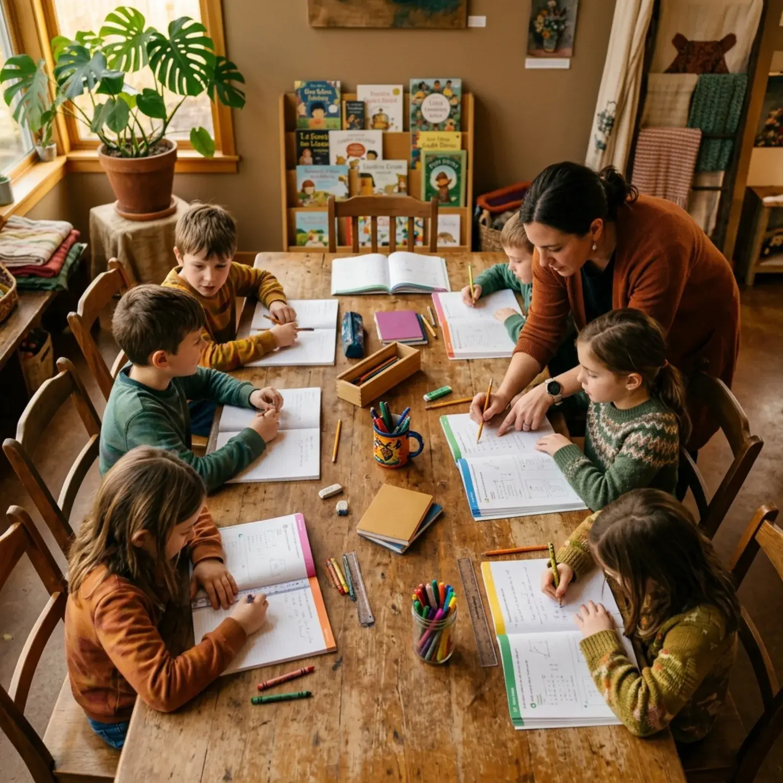 Adult volunteer supporting children around a study table